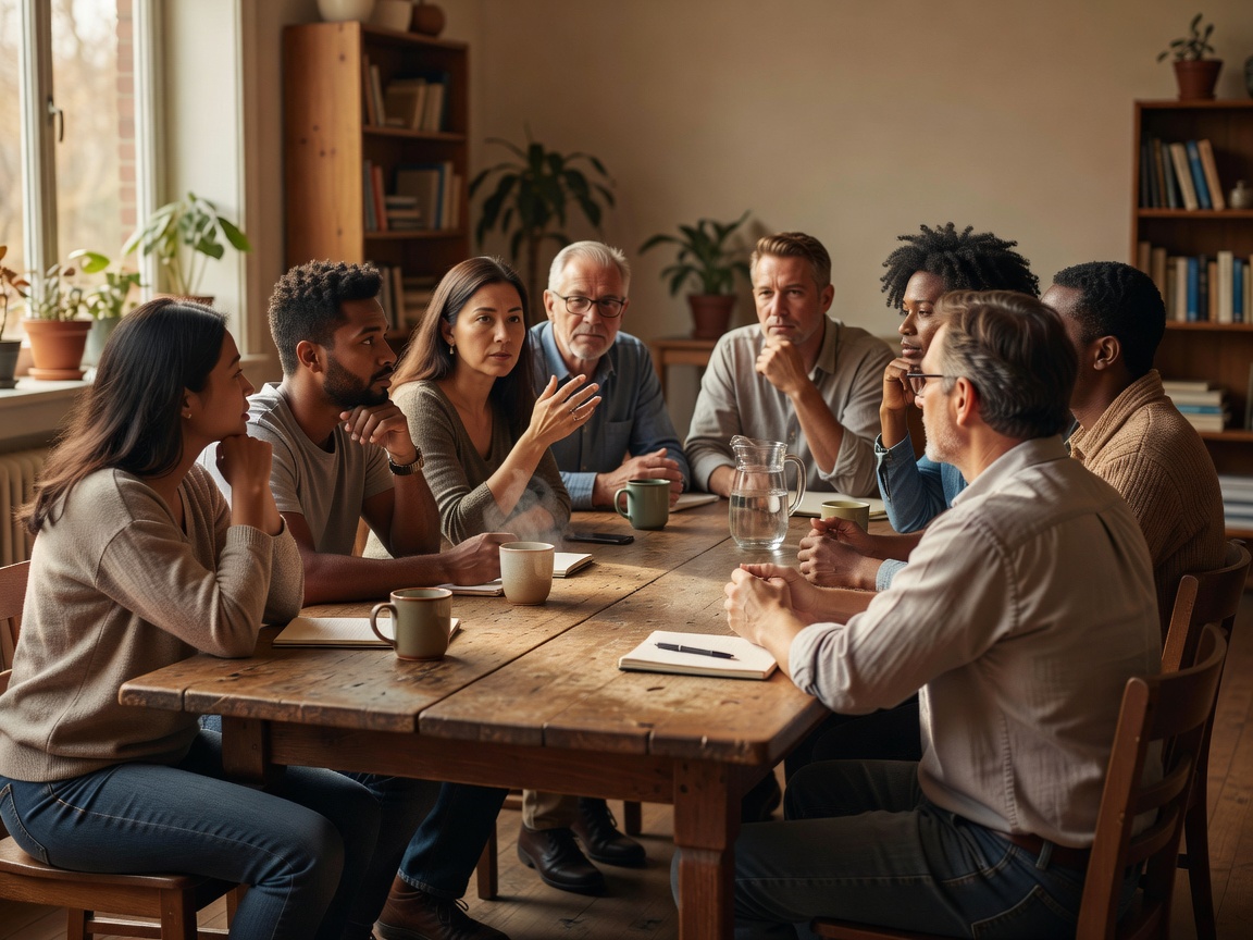 People listening attentively during a small discussion at a community table