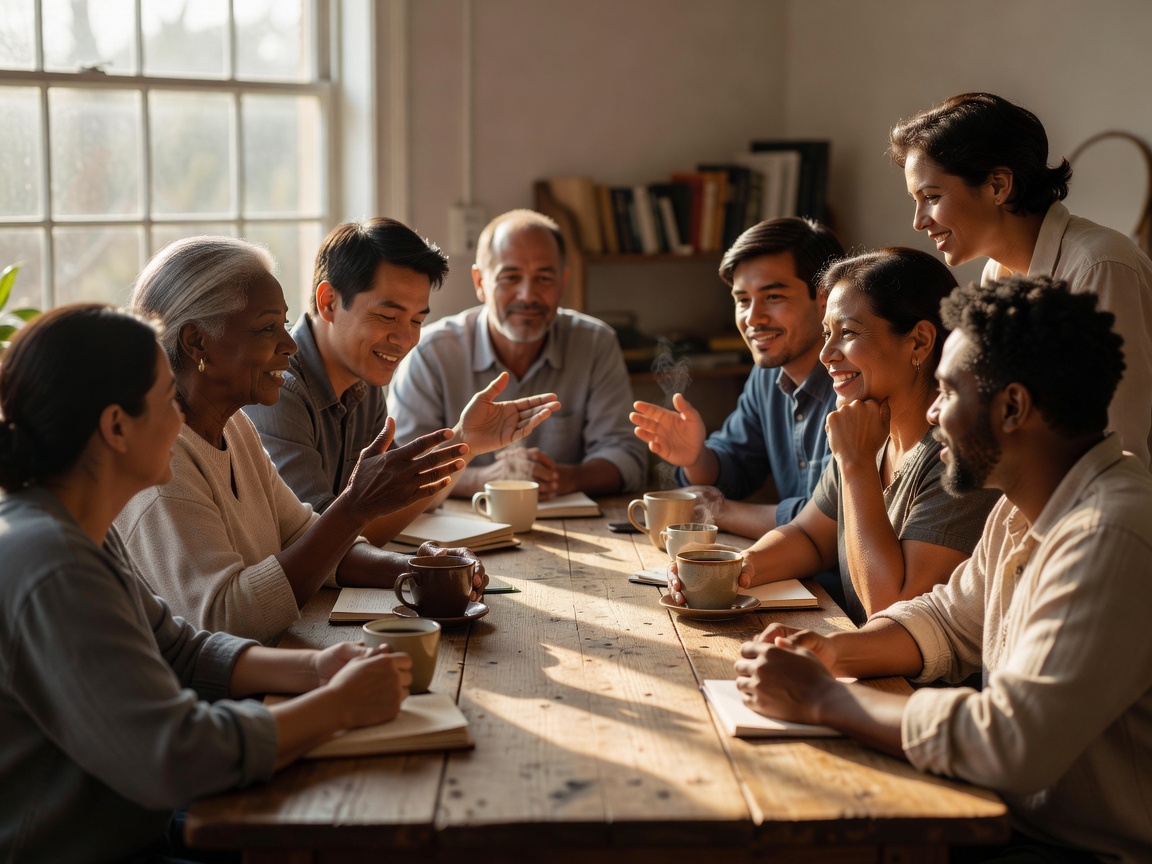Community members sharing experiences around a table near a window