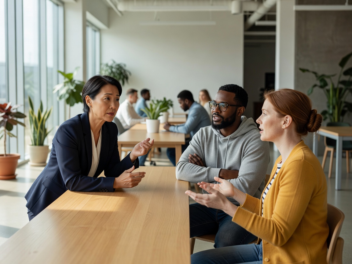 People having a thoughtful conversation in a bright shared workspace