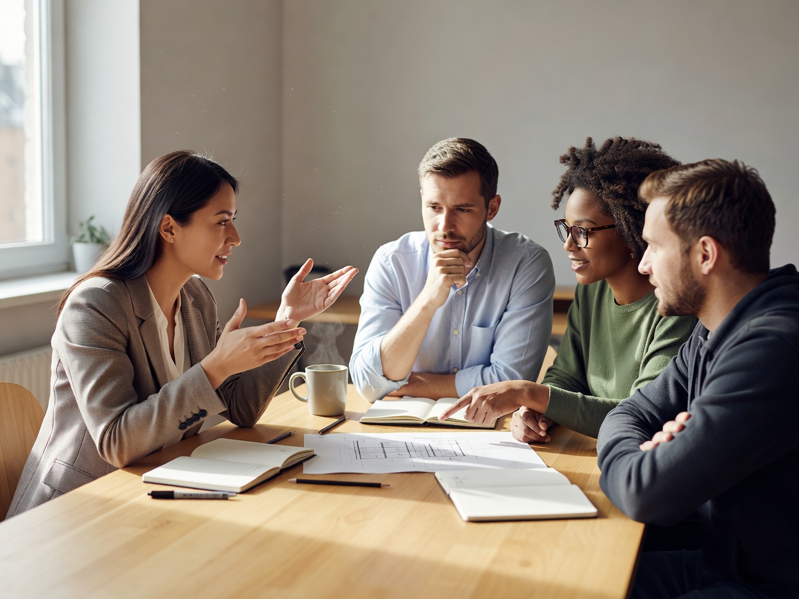A small group exchanging ideas at a table in daylight