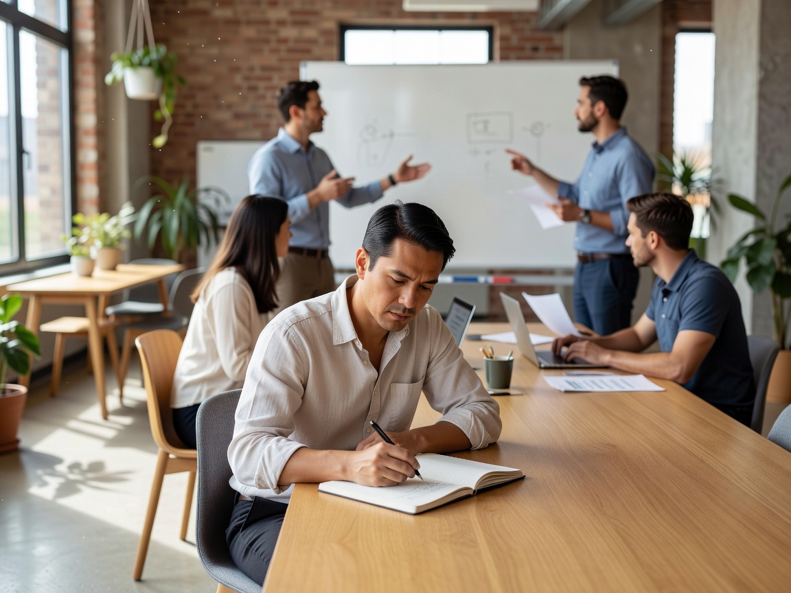 A person writing notes while others work together in a bright shared space