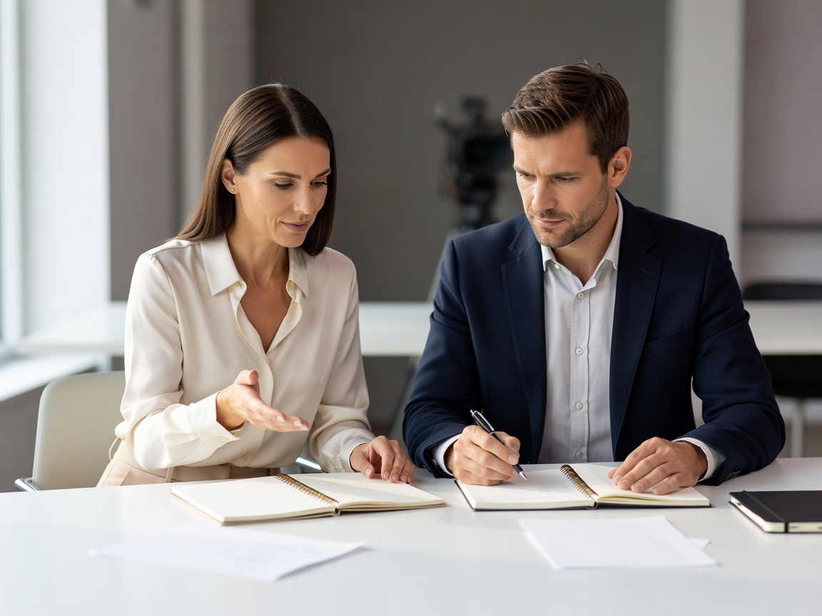 Two hosts planning a follow-up conversation with notebooks at a bright table